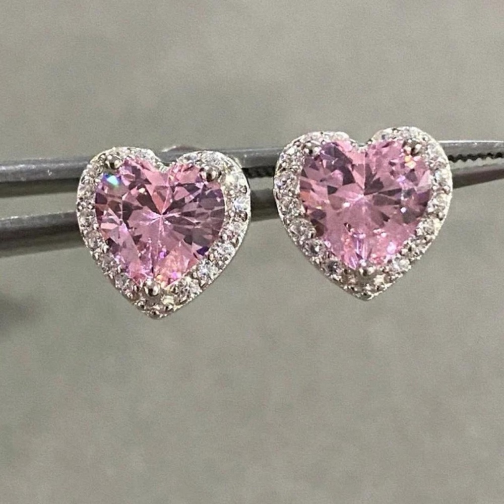 Pink sapphire white topaz heart studs
